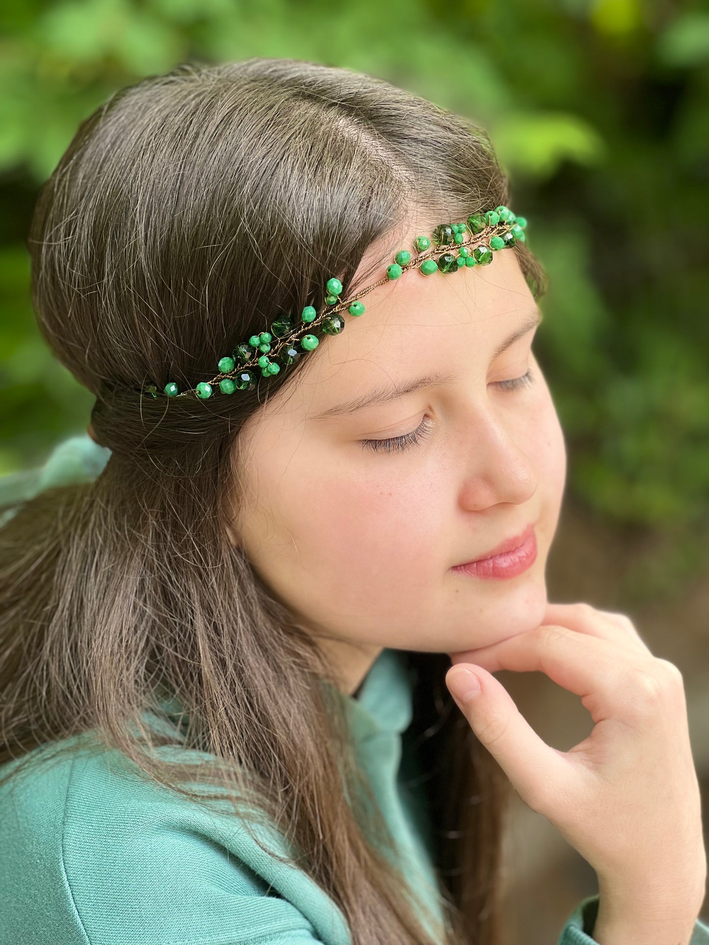 Green - Crystal Beads Hairpiece